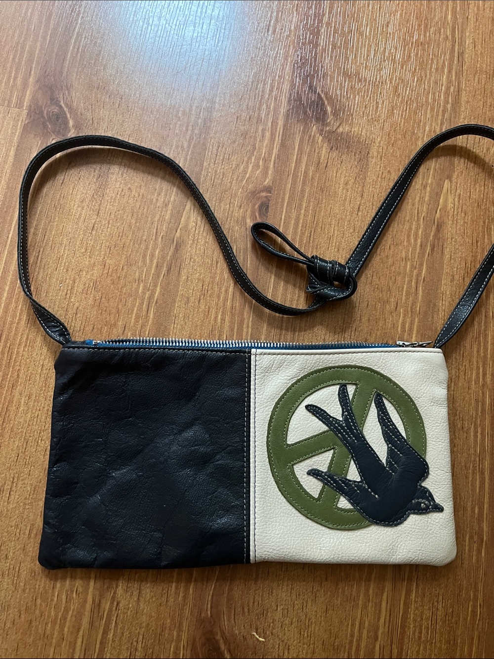 Upcycled Boho Color-blocked Peace Sign & Bird Motif Hippie Crossbody Leather Bag